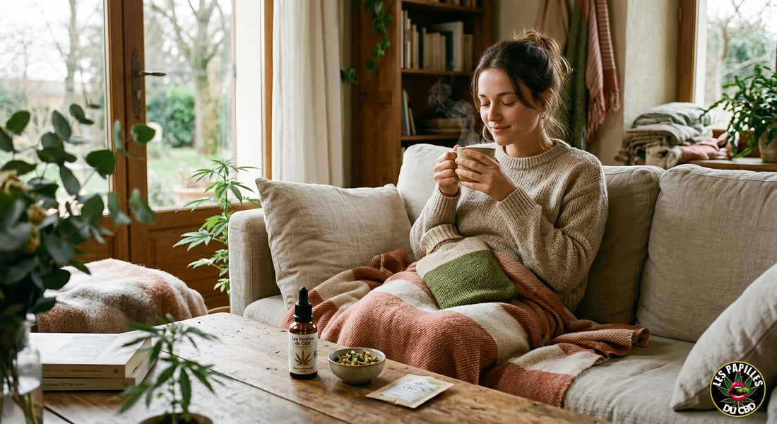 Femme buvant une infusion au chanvre bio CBD pour soulager les douleurs menstruelles et le SPM, Les Papilles du CBD