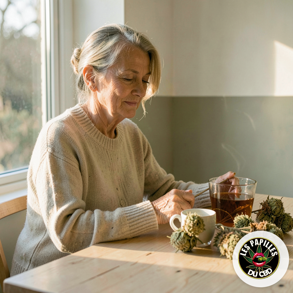 CBD et ménopause : femme sereine avec une infusion de chanvre, logo Les Papilles Du CBD