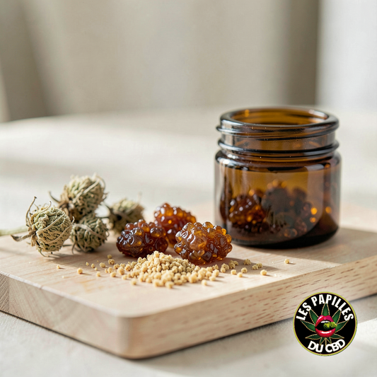 Résine CBD et pollen de chanvre sur planche en bois clair avec fleurs de chanvre séchées — Les Papilles Du CBD